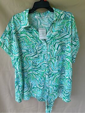 Emily Daniels Green Leaf Print Tie-Front Blouse